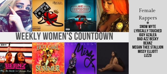 Weekly Women's Countdown appears in the middle of the screen with pictures Snow Wyte, Lyrically Touched, Iggy Azalea, Bad Azz Becky, Beanz, Megan Thee Stallion, Nicki Minaj, Missy Elliott, and Lizzo at Female Rapper News.